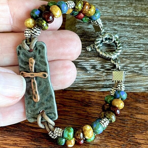 Boho Glass Bead Leather Bracelet - Picture 3 of 9